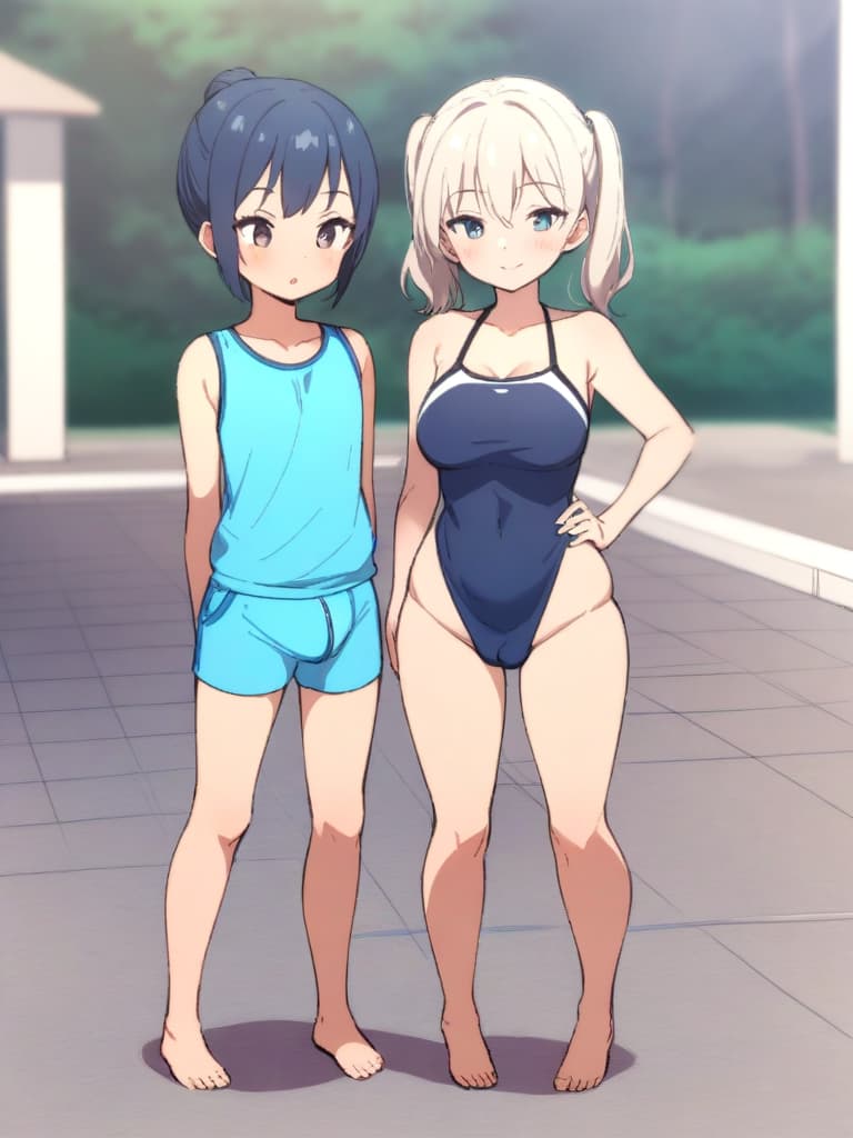  women's elementary students, twin tails, cute smiles, big s, , low stature, navy blue swimwear, old swimwear, swimwear, simple, male (bulging), (bulge), shaped crisp, shaped crisp (), front, whole body, pool side,