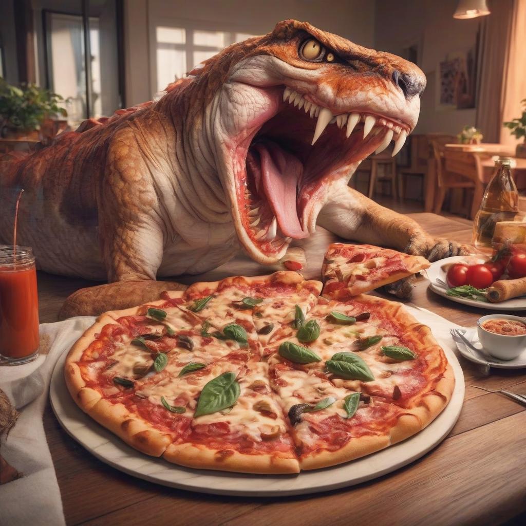  creature venom with huge teeth and a long tongue dines, on the table lies a delicious beautiful huge pizza, in a luxurious apartment, two colored tones, excellent graphics