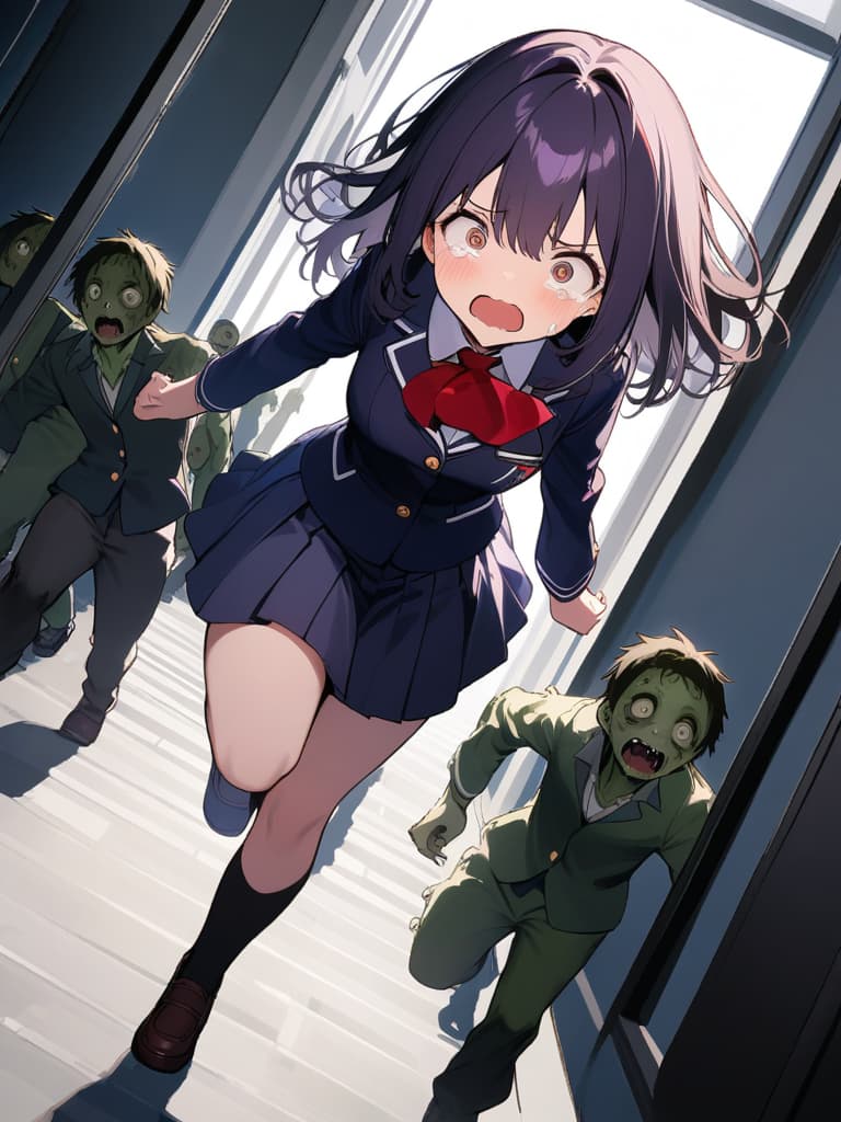  ultra detailed:1.2,masterpiece:1.2,best quality,masterpiece,bestquality,hdr:1.1,8k:1.1,very cute girl:1.3,(dark purple hair:1.3)(black school uniform,red ascot:1.4)((from front,full body:1.4))((running at school:1.6)),(scared,tears:1.3),(being chased by zombies:1.9)((school hallway:1.7))(from above,dutch angle:1.6)