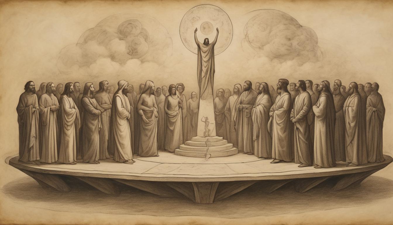  on parchment, surrealism++, a diverse gathering of people standing on a raised platform, surrounded by ethereal light, determination, solidarity(mysterious, provocative, symbolic)++