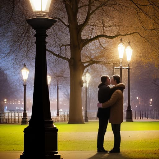  a man and a woman hug in the park, evening lamppost