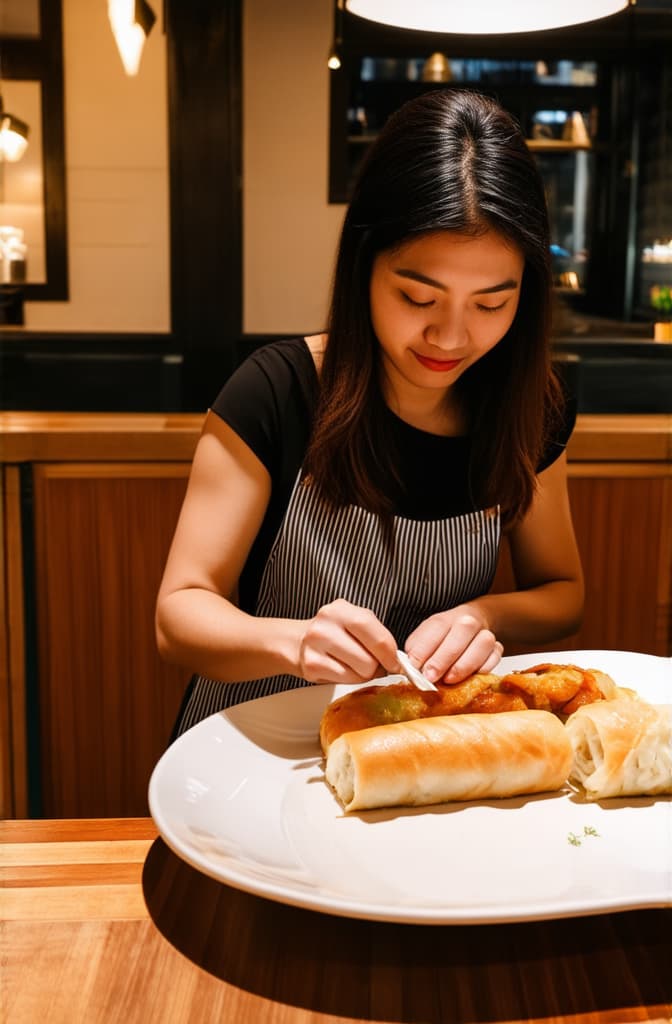  professional detailed photography, chinese girl making rolls at table in restaurant, restaurant background ar 2:3, (muted colors, dim colors, soothing tones), (vsco:0.3)