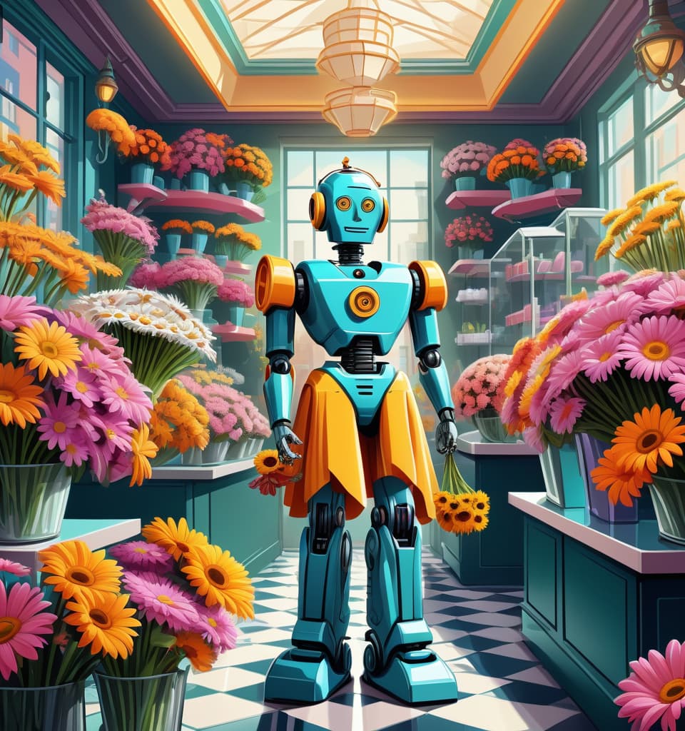  art deco style a humorous illustration. body language, bright colors, cartoon style. robot seller in a flower shop, makes bouquets of digital daisies, in the background there are many bouquets of flowers . geometric shapes, bold colors, luxurious, elegant, decorative, symmetrical, ornate, detailed