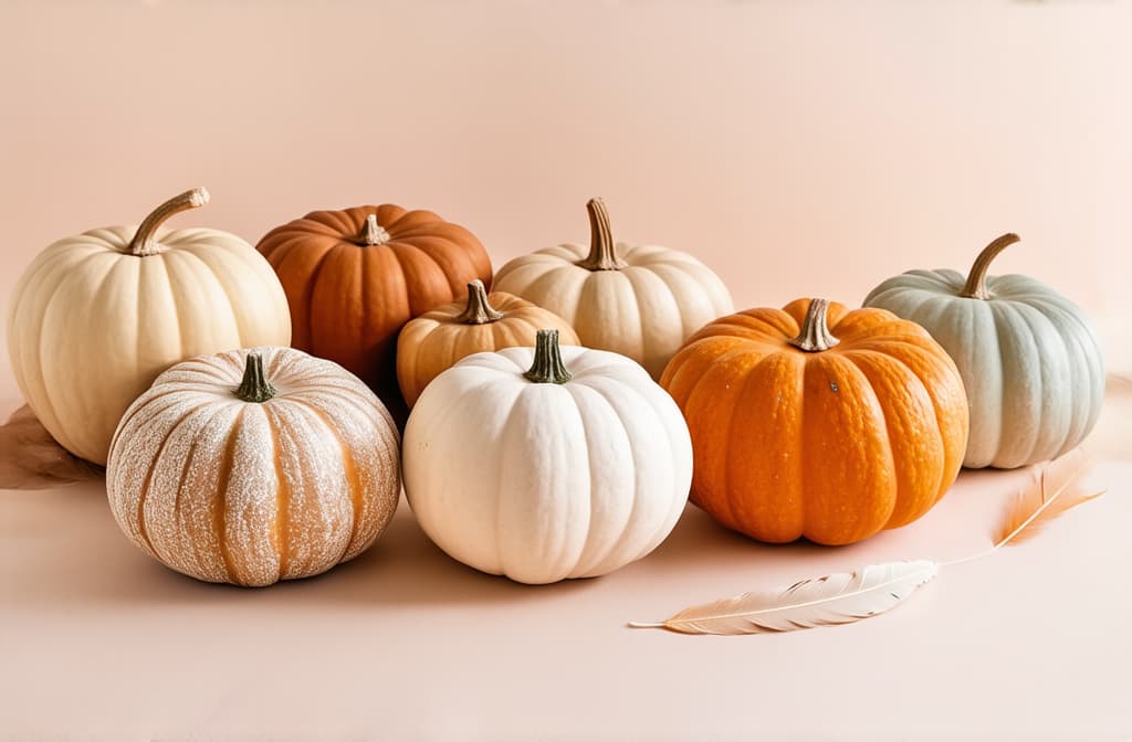  professional detailed photography, a collection of minimalistic beige and brown pumpkins arranged on a pastel background, complemented by feather decorations, creating a serene fall aesthetic with ample copy space ar 3:2, (muted colors, dim colors, soothing tones), (vsco:0.3)