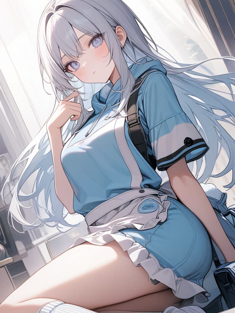  light blue, white, pale color, hoodie, arm cover, loose socks, bottom, apron, angel area, subculture, light blue jersey, white hair, juro eyes, ing candy, half , moe sleeve, jersey, jersey. jersey maid, shorts, frilled apron, light blue bag, masterpiece, best quality,8k,ultra detailed,high resolution,an extremely delicate and beautiful,hyper detail