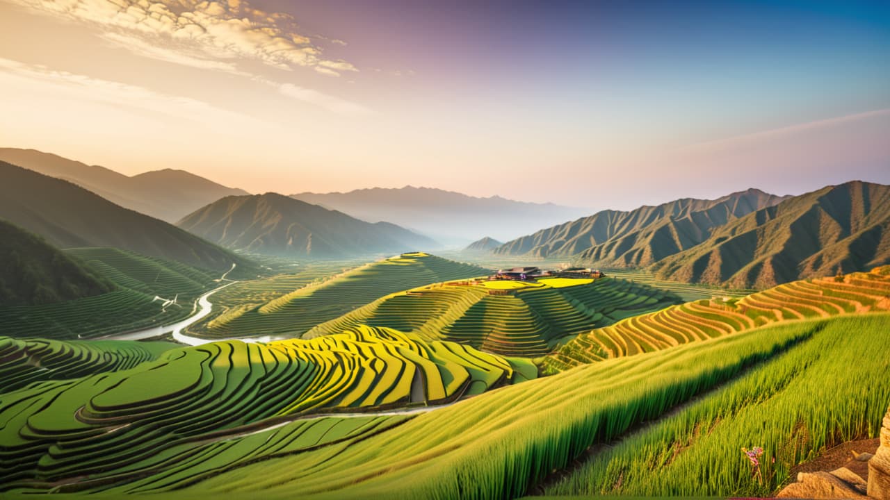  @ image prompt: a stunning collage showcasing china's diverse geographical features, including the majestic himalayas, the serene yangtze river, the arid gobi desert, terraced fields on the loess plateau, and lush coastal landscapes, capturing the beauty and variety of the natural environment. hyperrealistic, full body, detailed clothing, highly detailed, cinematic lighting, stunningly beautiful, intricate, sharp focus, f/1. 8, 85mm, (centered image composition), (professionally color graded), ((bright soft diffused light)), volumetric fog, trending on instagram, trending on tumblr, HDR 4K, 8K