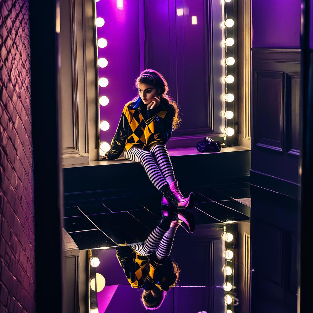  at night a young woman with a harlequin outfit color purple and yellow with black in a dark mirror room sitting on the corner floor touching her reflection on the mirror wall her reflection is a evil dark version of her is reflected on the mirror, cinematic film style, shallow depth of field, vignette, highly detailed, high budget, bokeh, cinemascope, moody, epic, gorgeous, film grain, grainy