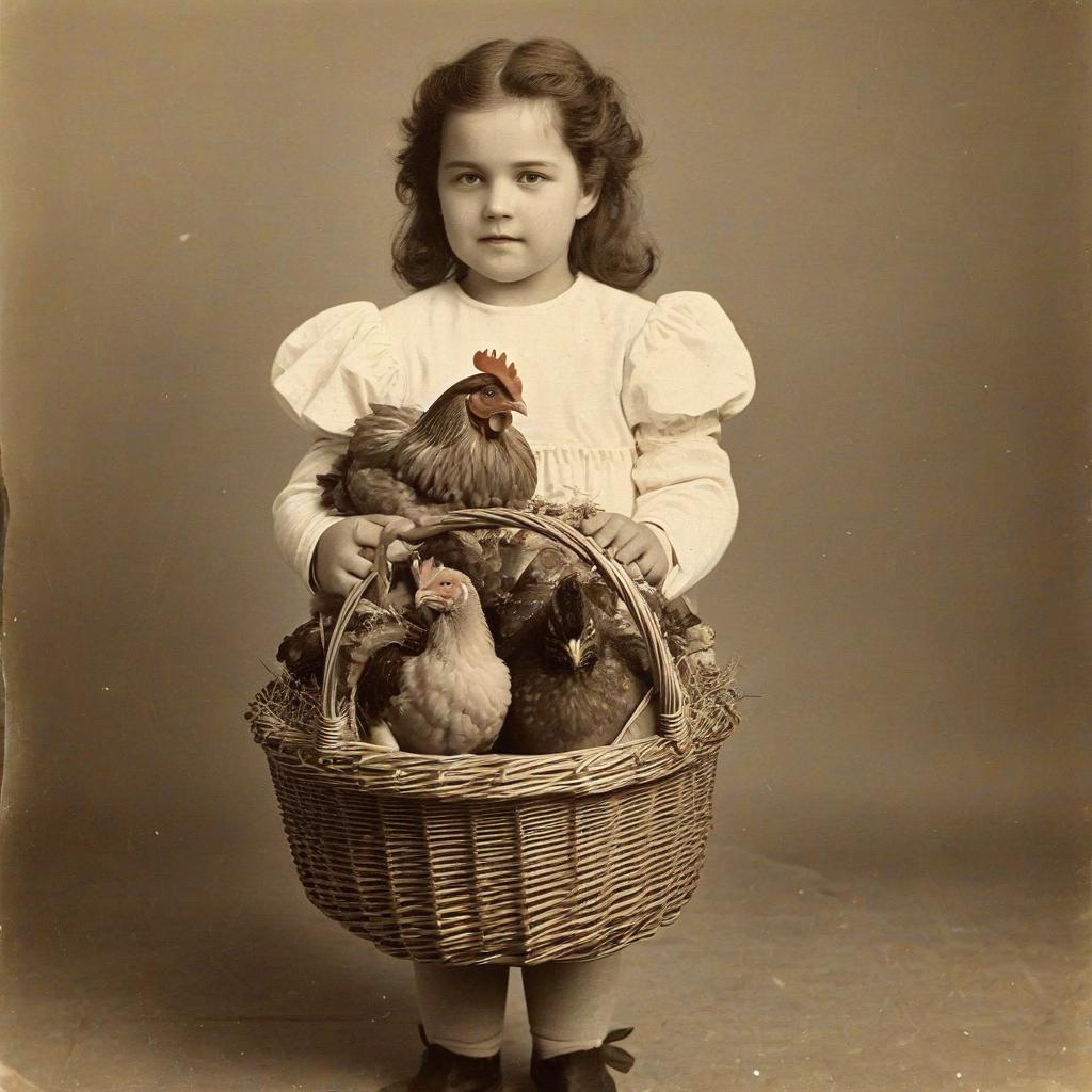  puffy girl holding a basket of chickens