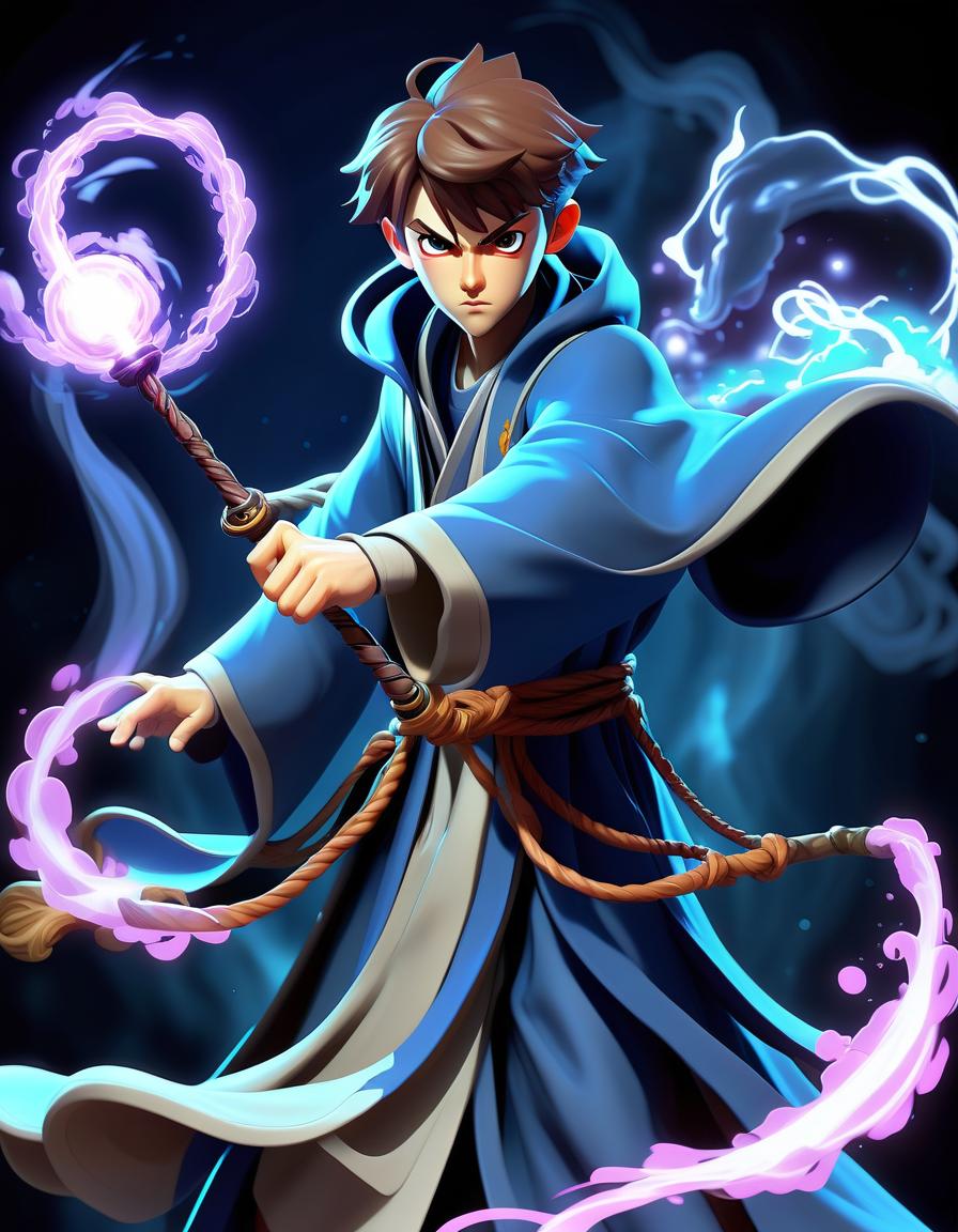  fighting game style wizard summoning spirits: a young anime wizard in a robe summons spirits with a glowing staff. mystic figures hover around it, creating the effect of three dimensional magic. . dynamic, vibrant, action packed, detailed character design, reminiscent of fighting video games, hkmagic