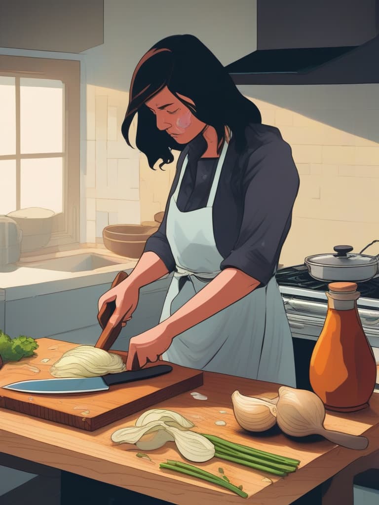  kitchen,woman wearing apron {cutting onion with knife on cutting board,(tears while slicing onion thinly:1.4)},super detailed,high resolution,absurd,employed,