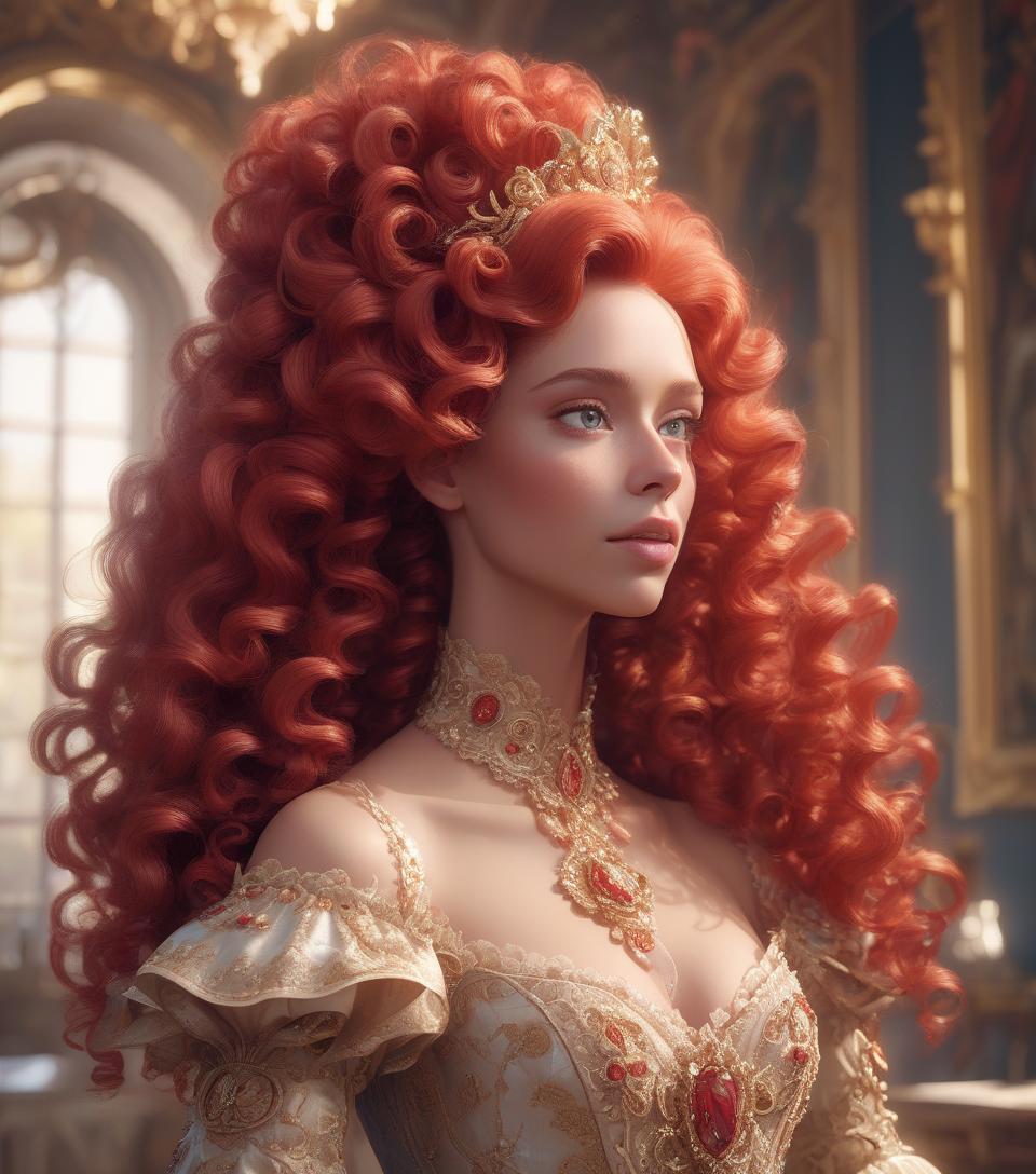  "beautiful rococo princess", elaborate gown, massive curly red rococo hair, head and shoulders portrait, finely drawn eyes, 8k resolution concept art portrait dynamic lighting hyperdetailed intricately detailed splash art trending on artstation unreal engine 5 volumetric lighting