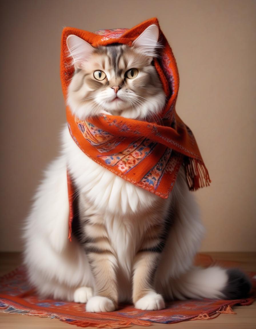  funny cute fluffy cat, russian folk shawl on her head, wool socks on the paws, in full growth