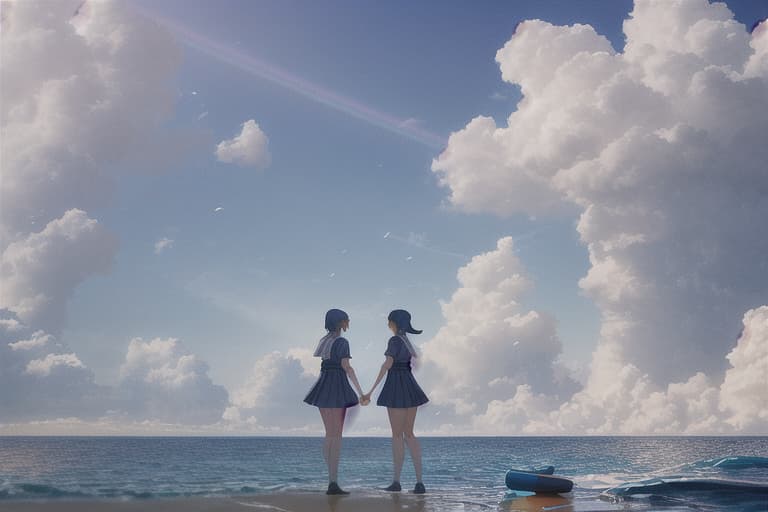  &quot;A seaside scene. Two female students are standing on the beach. One of them has short hair. They are wearing uniforms and are laughing happily. The background is a blue sea and sky, with some palm trees. The overall atmosphere is bright and cheerful.&quot; With instructions like these, the AI should be able to generate the scene properly. If you want to provide more detailed instructions, you can also add elements such as: Details of the s&#39; outfits (e.g. sailor suits, color, etc.) Specific actions they are taking (e.g. holding hands, picking up shells, etc.) Time of day (e.g. dusk, midday, etc.) Weather (e.g. sunny, partly cloudy, etc.) hyperrealistic, full body, detailed clothing, highly detailed, cinematic lighting, stunningly beautiful, intricate, sharp focus, f/1. 8, 85mm, (centered image composition), (professionally color graded), ((bright soft diffused light)), volumetric fog, trending on instagram, trending on tumblr, HDR 4K, 8K