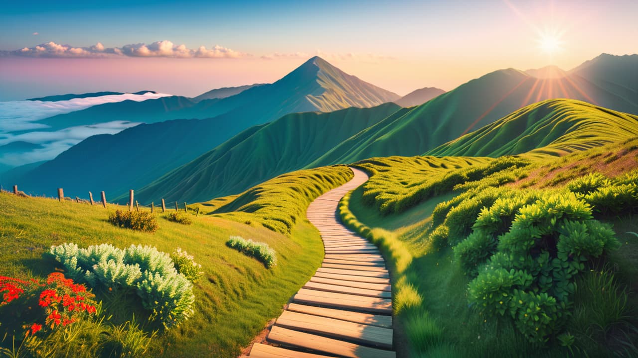  a serene landscape featuring a winding path leading towards a distant mountain, dotted with signposts labeled with various goals, surrounded by vibrant greenery and a bright blue sky, symbolizing the journey of goal setting. hyperrealistic, full body, detailed clothing, highly detailed, cinematic lighting, stunningly beautiful, intricate, sharp focus, f/1. 8, 85mm, (centered image composition), (professionally color graded), ((bright soft diffused light)), volumetric fog, trending on instagram, trending on tumblr, HDR 4K, 8K