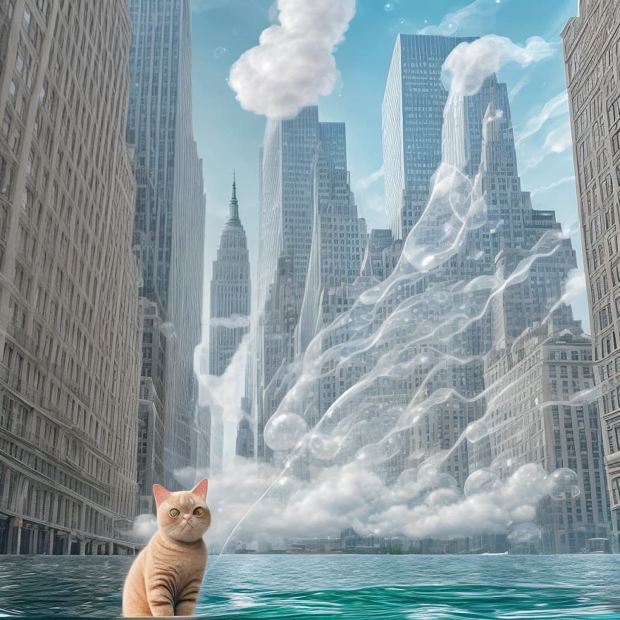  a super realistic, cute british shorthair cat with big, expressive eyes and soft gray fur, curiously gazing at numerous floating bubbles in the air. the scene is set on the vint streets of new york, with iconic buildings in the background and a subtle hint of water vapor creating a dreamy atmosphere. the soft, cinematic lighting enhances the enchanting ambiance, casting gentle reflections on the cat's fur while highlighting the bubbles' iridescence. the atmosphere is lively yet serene, capturing the spirit of the kitten amidst the bustling city.