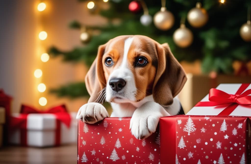  A beagle dog looks out of a beautifully wrapped gift against the backdrop of a Christmas tree. ar 3:2 high quality, detailed intricate insanely detailed, flattering light, RAW photo, photography, photorealistic, ultra detailed, depth of field, 8k resolution , detailed background, f1.4, sharpened focus