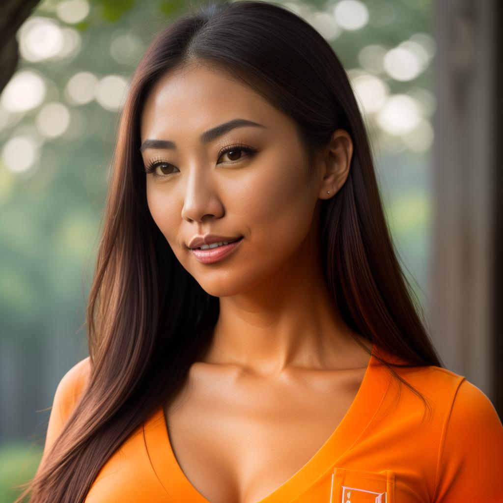  (((realistic full torso frontal head shot of a light tan skin tone woman))), hitomi yuki fujii, ((japanese heritage)), immature face, brown eye color, ((long hair style)), ((orange hair color)), (( body type)), flat size, size, (immature straight slender nose), (immature prominent cheeks), (immature soft jawline), (immature medium lips), (immature high forehead), (immature even eyebrows), (immature pointed chin), standing straight looking directly into the camera,((wearing fitted polo shirt with deep v neck and monogrammed pocket)), backyard in background, 1girl, best quality, highest quality, award winning photo, masterpiece, raw, professional photography, photorealism, sharp focus, cinematic, high resolution,  hyperrealistic, full body, detailed clothing, highly detailed, cinematic lighting, stunningly beautiful, intricate, sharp focus, f/1. 8, 85mm, (centered image composition), (professionally color graded), ((bright soft diffused light)), volumetric fog, trending on instagram, trending on tumblr, HDR 4K, 8K