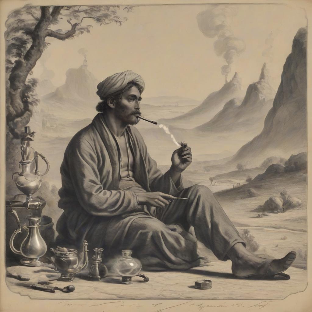  landscape, sitting man, smoking hookah, rest lesson, in the background the inscription "kyf"