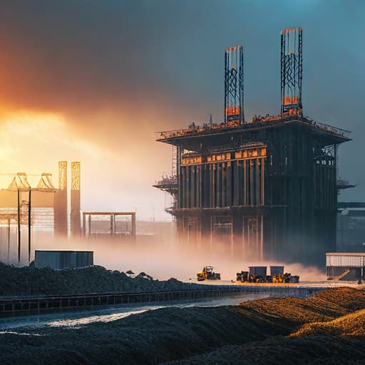  a dynamic construction site (construction:1.3) bustling with workers and machinery, surrounded by towering cranes and partially built structures, in a realistic digital painting style (digital:1.2), featuring a warm color palette with bright sunlight filtering through clouds, highly detailed, 4k resolution, emphasizing teamwork and progress, negative prompt: abandoned sites, poor weather, low activity hyperrealistic, full body, detailed clothing, highly detailed, cinematic lighting, stunningly beautiful, intricate, sharp focus, f/1. 8, 85mm, (centered image composition), (professionally color graded), ((bright soft diffused light)), volumetric fog, trending on instagram, trending on tumblr, HDR 4K, 8K