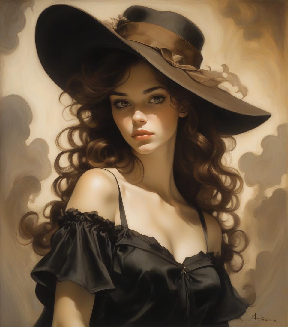  oil on canvas, young woman, wearing black dress, brown hair and brown eyes,hat, frank frazetta, arthur rackham, alberto seveso, sandro botticelli style.