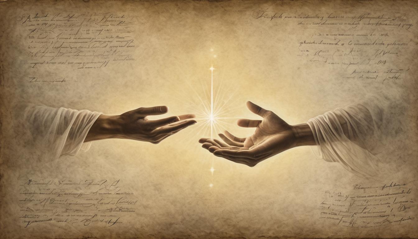  on parchment, surrealism++, a glowing link, symbolically connecting two hands, one reaching out, ethereal sparkles emanating, representing connection and invitation(mysterious, provocative, symbolic)++