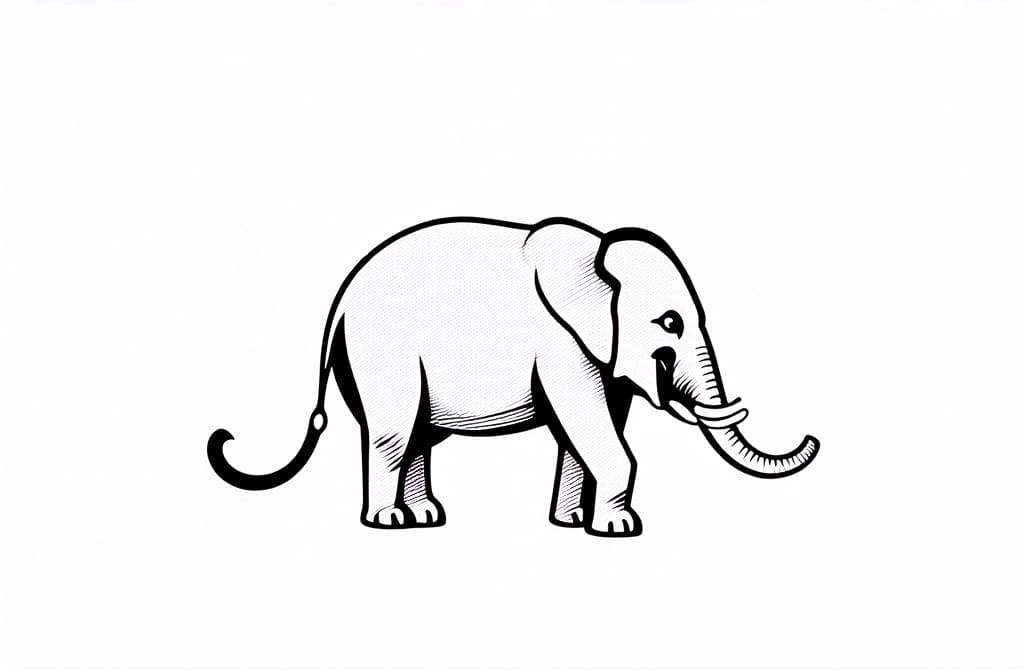  contour, very simple image in one unbroken black ink line, single line of elephant, engraving illustration, icon isolated on white background ar 3:2 using a single continuous black line ink brushon white background, drawing should be created without lifting the pen, recognizable features of elephant, engraving illustration, icon isolated on white background ar 3:2 in one unbroken line