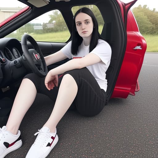  lady, early twenties, pale skin, black medium straight hair. wearing a red t shirt, grey joggers and red trainers. she is sitting inside her car, driving, anxious