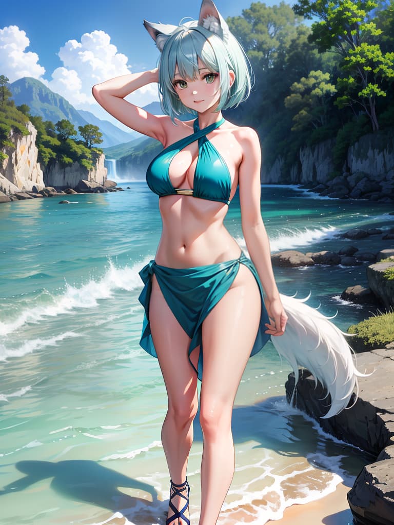  masterpiece,highres,((v ray render)),sense of depth,close view,outdoors,beach,horizon,blue sky,portrait,face focus,close up,solo,(,wolf ,wolf ears,wolf tail),intelligence,powerful,joyfull,pure white skin,glossy skin,short hair,bob cut,pastel green hair,healthy,curvy,full ,narrow waist,toned arms,legs,swim outfit,separate ,,aqua ,halterneck,criss cross halter,sarong, sarong,standing,bent over,arched back,groin,sandal,