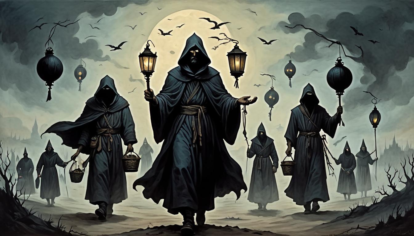  on parchment, surrealism+++, a group of figures carrying objects tied to their soul, heavy burdens, somber expressions, dim lanterns, silhouettes against a twilight sky, melancholic, penitent(mysterious, provocative, symbolic,muted color)+++