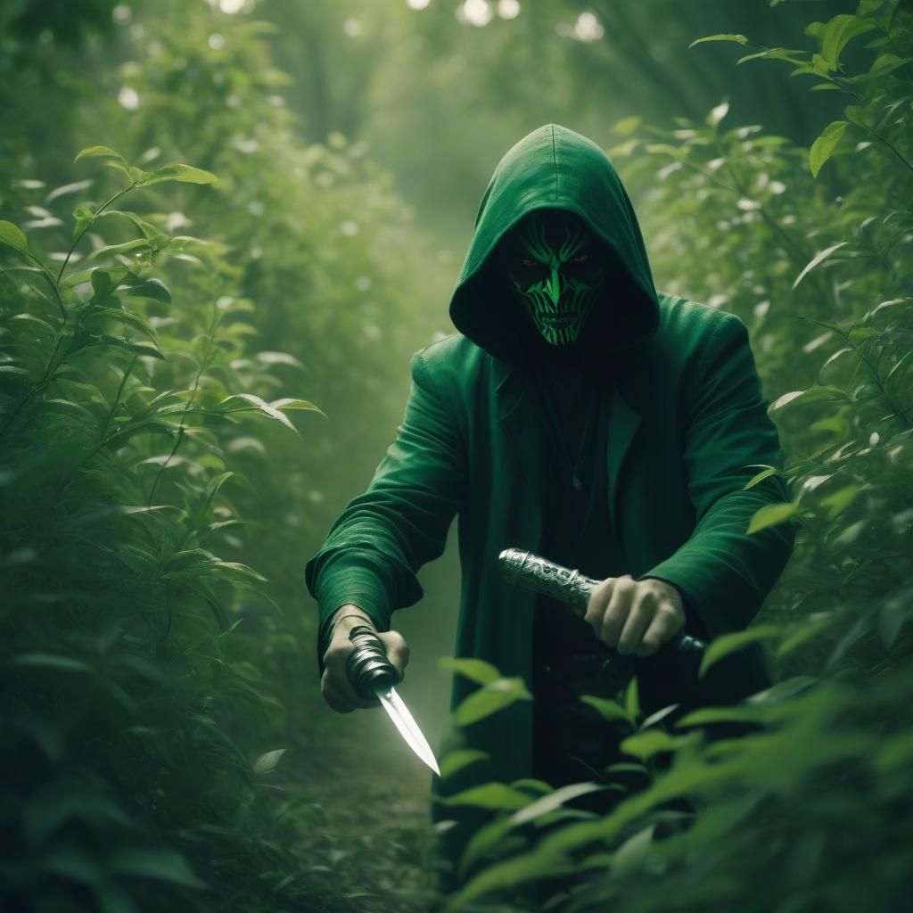  cinematic photo a fantasy sinister assassin standing in the bushes and pouring his dagger from a bottle of green poison . 35mm photograph, film, bokeh, professional, 4k, highly detailed