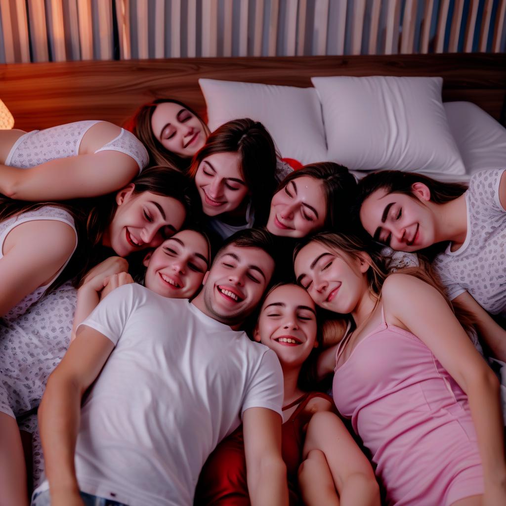  kaddle in batumi. 5 girls and 5 guys lying on mattresses and hugging in clothes. everyone's pinned to each other. lights are dimmed. everyone's happy.