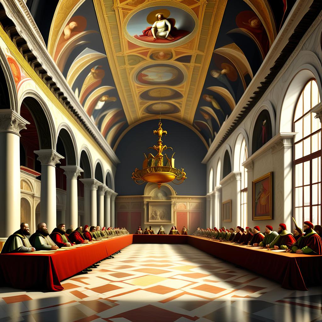  renaissance style council of venetian merchants in the renaissance conference hall, council of the doges of venice, admirals . realistic, perspective, light and shadow, religious or mythological themes, highly detailed