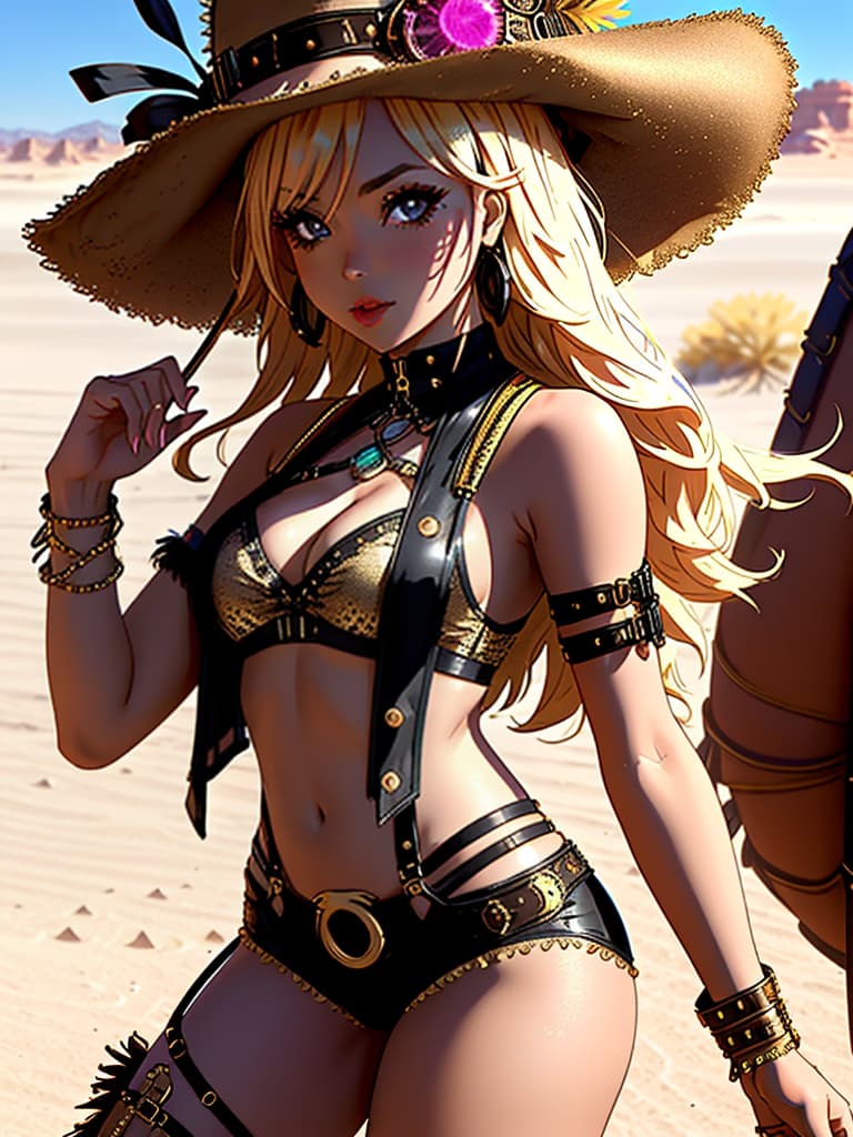  A medium, photo of a female influencer on the desert festival, dressed in a revealing rave outfit, decorated with fringe, bright outfit, steampunk style, daytime, desert background, sharp focus, cinematic, hd