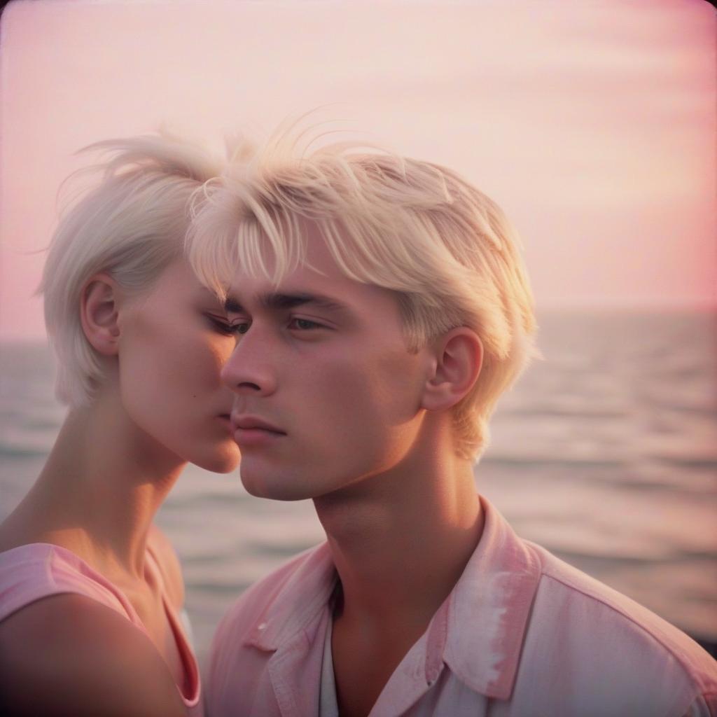  analog film photo a girl platinum blonde with short hair touches the face of a blonde guy, in the background the sea, sunset, pink and white shades, clouds, light fog, sunny day. . faded film, desaturated, 35mm photo, grainy, vignette, vintage, kodachrome, lomography, stained, highly detailed, found footage