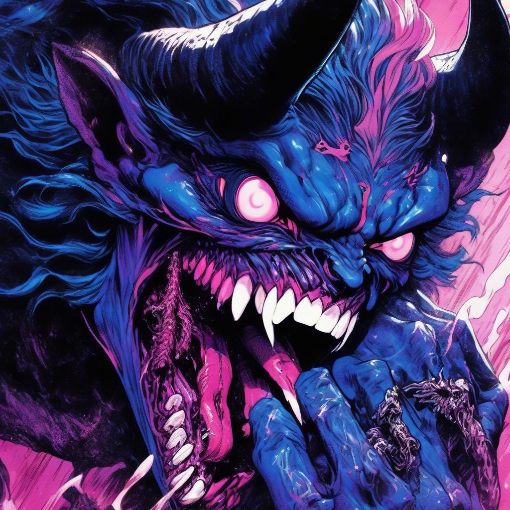  a close up of a person holding a knife, detailed hot maw, demon black blue purple, luminous, full color manga visual style, soft lulling tongue, pink , horns. dark colors, arca album cover, resin, trap, ( 3 1, 1 1 1 1, very , perfect face template, [ metal ], bite, artist unknown, esa