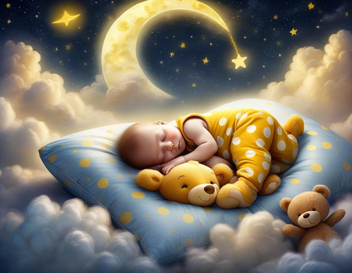  a little baby boy in yellow polka dot pajamas sleeps sweetly on a big soft pillow hugging a teddy bear, and the pillow magically flies and hovers over a fabulous night city, flying over the clouds that slightly cover the fabulous crescent moon in the sky, fairytale atmosphere, high quality image with paints using digital painting