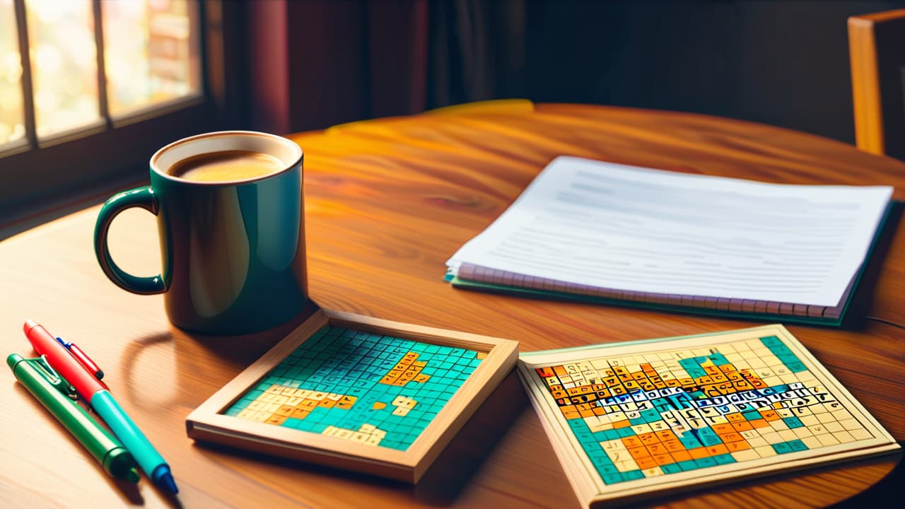  a vibrant workspace featuring a large, intricate crossword puzzle on a wooden table, surrounded by colorful pens, a steaming cup of coffee, and a notepad filled with brainstorming ideas, illuminated by warm natural light. hyperrealistic, full body, detailed clothing, highly detailed, cinematic lighting, stunningly beautiful, intricate, sharp focus, f/1. 8, 85mm, (centered image composition), (professionally color graded), ((bright soft diffused light)), volumetric fog, trending on instagram, trending on tumblr, HDR 4K, 8K