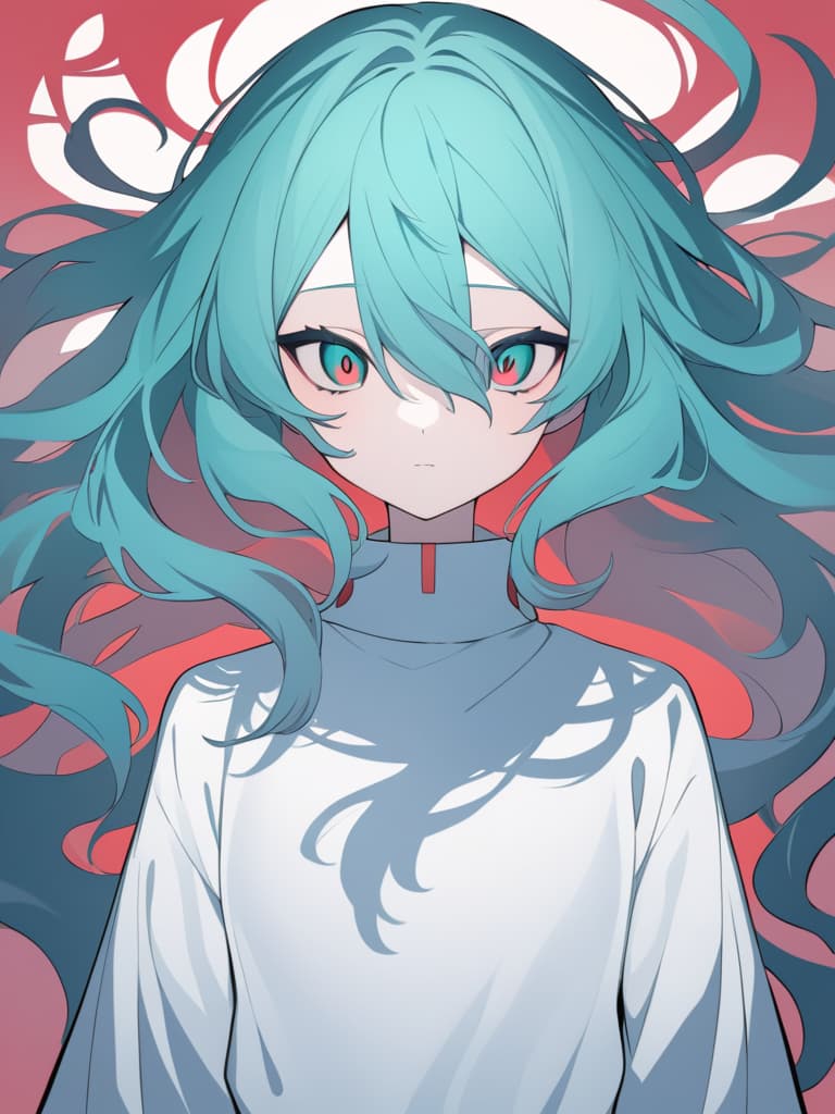  create a close up of a character inspired by hatsune miku,with large,mesmerizing eyes and a slightly eerie expression. the character's face fills most of the frame,with disheveled hair and intense lighting casting shadows over her features. she should appear as though she's caught in a hypnotic or trance like state,staring directly at the viewer. the painting style should be thick and textured,with rich,layered brushstrokes emphasizing the unsettling,distorted atmosphere. the color palette can use contrasting blues and greens,with hints of unsettling red tones in the shadows.