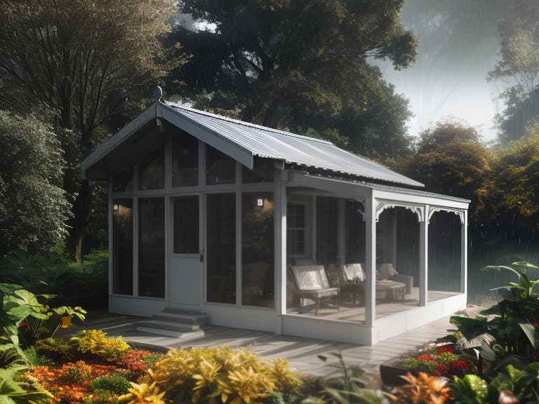  rain house hyperrealistic, full body, detailed clothing, highly detailed, cinematic lighting, stunningly beautiful, intricate, sharp focus, f/1. 8, 85mm, (centered image composition), (professionally color graded), ((bright soft diffused light)), volumetric fog, trending on instagram, trending on tumblr, HDR 4K, 8K