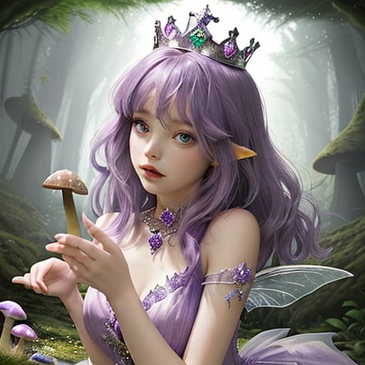  girl, crystal crown, purple dress, mushroom fairy, enchanted forest.