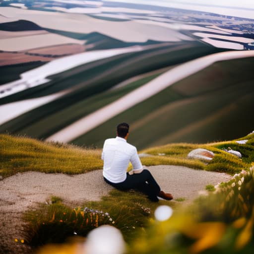 wa-vy style draw a lonely man sitting on a cliff hyperrealistic, full body, detailed clothing, highly detailed, cinematic lighting, stunningly beautiful, intricate, sharp focus, f/1. 8, 85mm, (centered image composition), (professionally color graded), ((bright soft diffused light)), volumetric fog, trending on instagram, trending on tumblr, HDR 4K, 8K