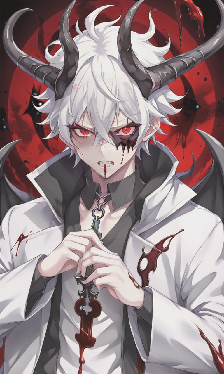  anime artwork man demon, white skin, blood red eyes, black hair, white horns, black clothes . anime style, key visual, vibrant, studio anime, highly detailed