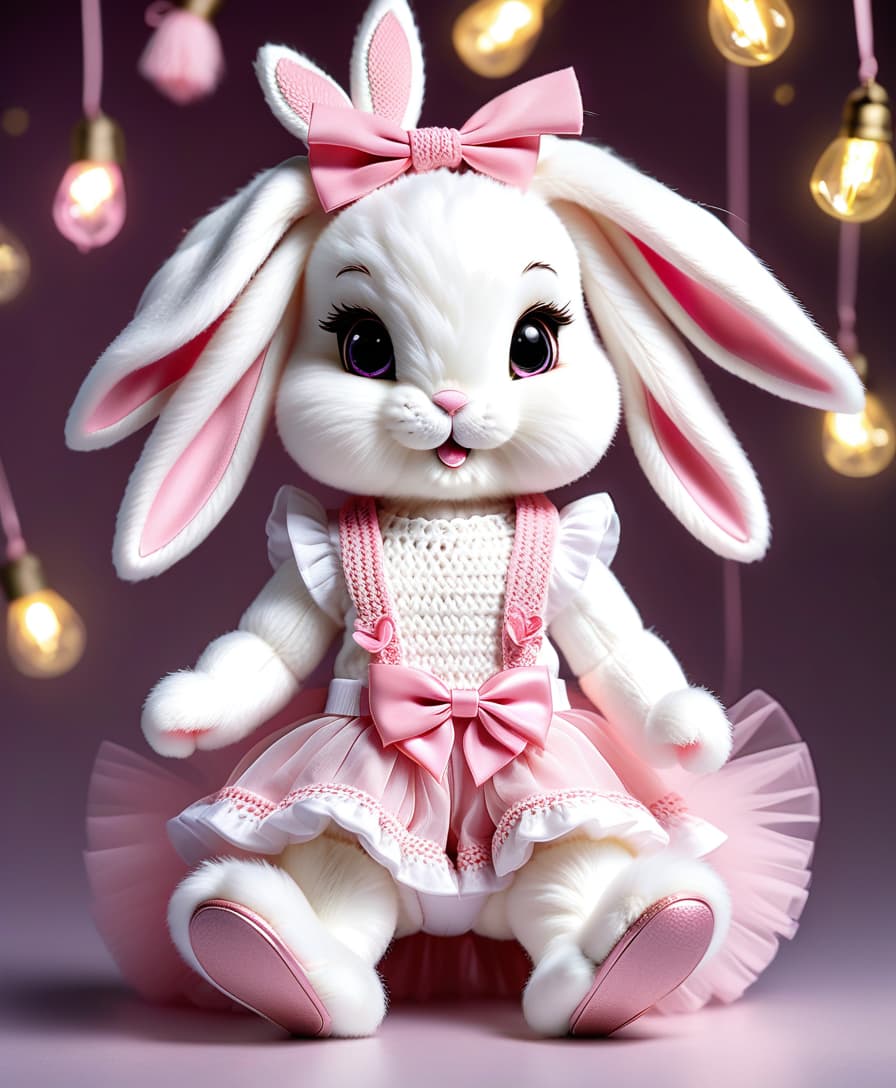  long exposure photo of a very cute white and pink fluffy bunny, cute cute, with long floppy and fluffy ears, with a fashionable elegant crochet headband with a bow, and decorations, standing on two legs, in a crocheted white and pink jumpsuit with ruffles, tulle ruffles, with draperies, with ruffled tulle, with a bow, a peplum, very detailed, dressed in beautiful crocheted shoes with a bow, flying fireflies and neon hearts, glare of light, radiance, fabulously beautiful, tenderness, love, aesthetics, professional photo, realism, high resolution, high detail , iso 100, f/2.8, 4k, 1/250 s, 30mm lens, bright light . blurred motion, streaks of light, surreal, dreamy, ghosting effect, highly detailed, sticker hyperrealistic, full body, detailed clothing, highly detailed, cinematic lighting, stunningly beautiful, intricate, sharp focus, f/1. 8, 85mm, (centered image composition), (professionally color graded), ((bright soft diffused light)), volumetric fog, trending on instagram, trending on tumblr, HDR 4K, 8K