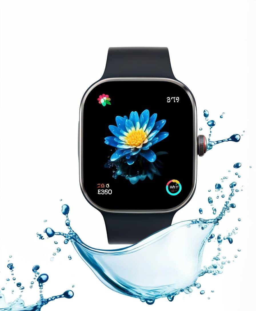  smart watch with a flower on the screen, around a splash of water, white background, film photography style