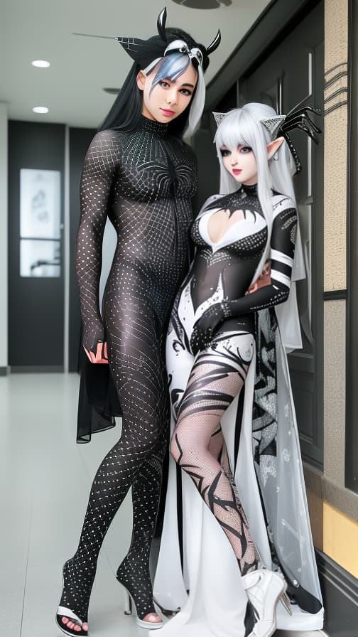  Black and silver Spider-patterned body paint in every corner of the whole body, full-body, White body paint,Silver face paint on the face,Two Dark elfs 女の子