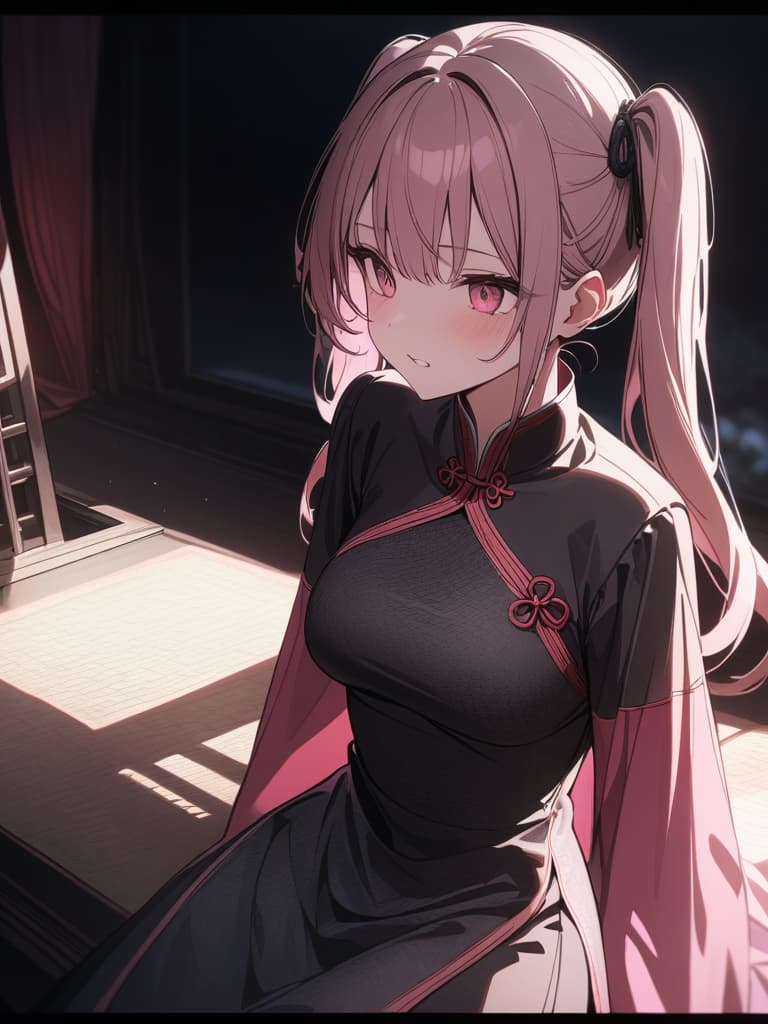  s, sick face, chinese ta clothes, large , small pattern, black, black, dark room, dark room, moonlight from windows, fantastic appearance, twin tails, pink color hair, sitting, masterpiece, best quality,8k,ultra detailed,high resolution,an extremely delicate and beautiful,hyper detail