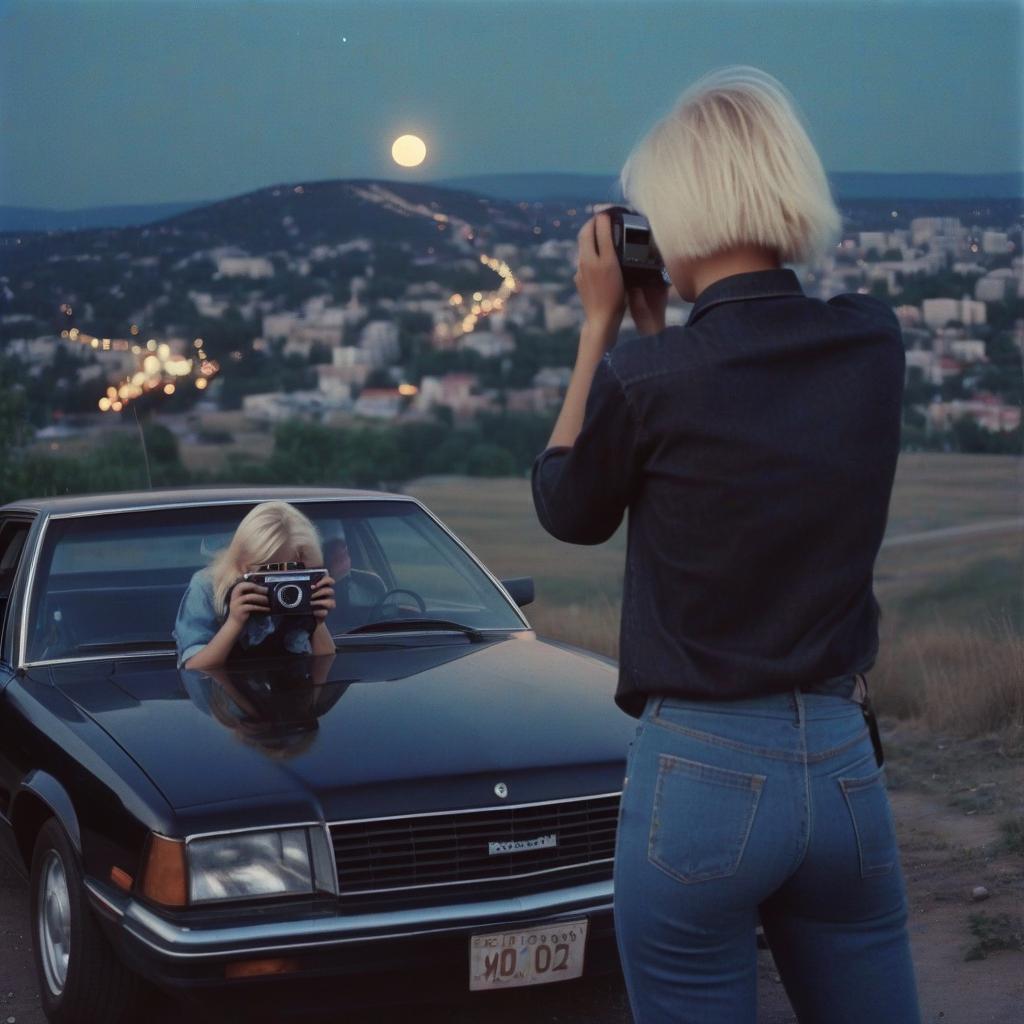  analog film photo a platinum blonde girl takes pictures on a polaroid in a black shirt, next to a guy there is a blonde in a denim shirt, a black car, a view from the hill, in the background the city, the time of dusk, a full light moon, the style of the 80 90s. . faded film, desaturated, 35mm photo, grainy, vignette, vintage, kodachrome, lomography, stained, highly detailed, found footage