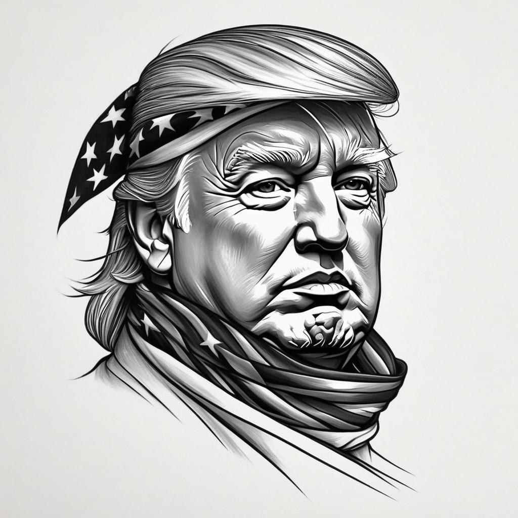  donald trump with a american flag gangster style bandana over mouth,(tattoo), tattoo design