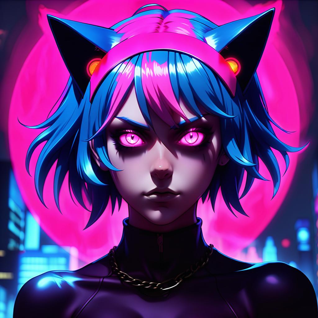  a close up of a person with blue hair, metal cat ears and glowing eyes, anime picture, deep crimson and dark shadows, perfect female body silhouette, bitcoin evil, ((pink)), style of madhouse anime, portrait of evil girl, it is night, looming head