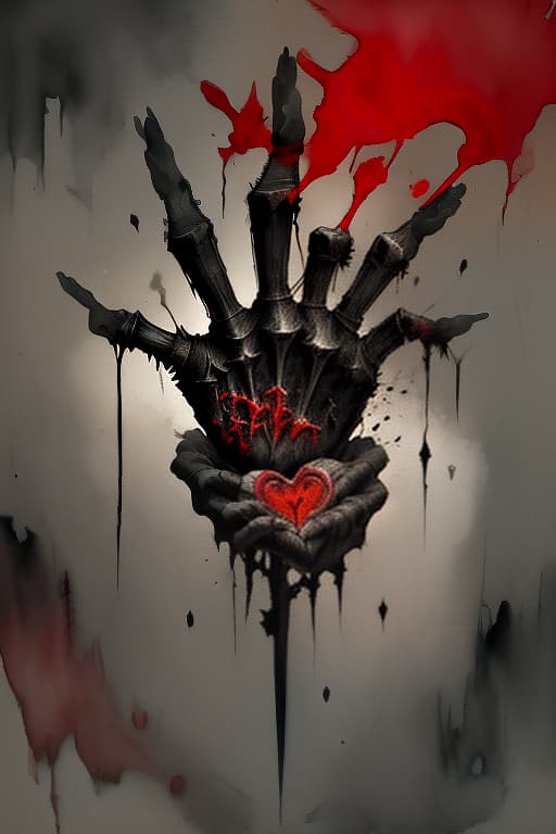  the bony hand holds the heart, the burned and broken sword, steam, darkness, anxiety, anger, threat. painted with brush and paints, watercolor, smooth shadows. ashes, black, red., (surrealism), dreamlike , distorted , abstract , symbolic